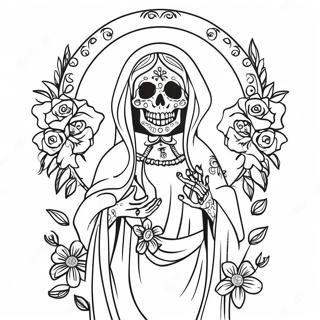 Fargglad Santa Muerte Med Blommor Malarbild 45734-36158